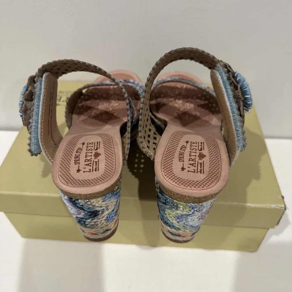 L'Artiste by Spring Step Size 35/ US 5 Evesgarden Floral Corky Wedge Sandal Blue